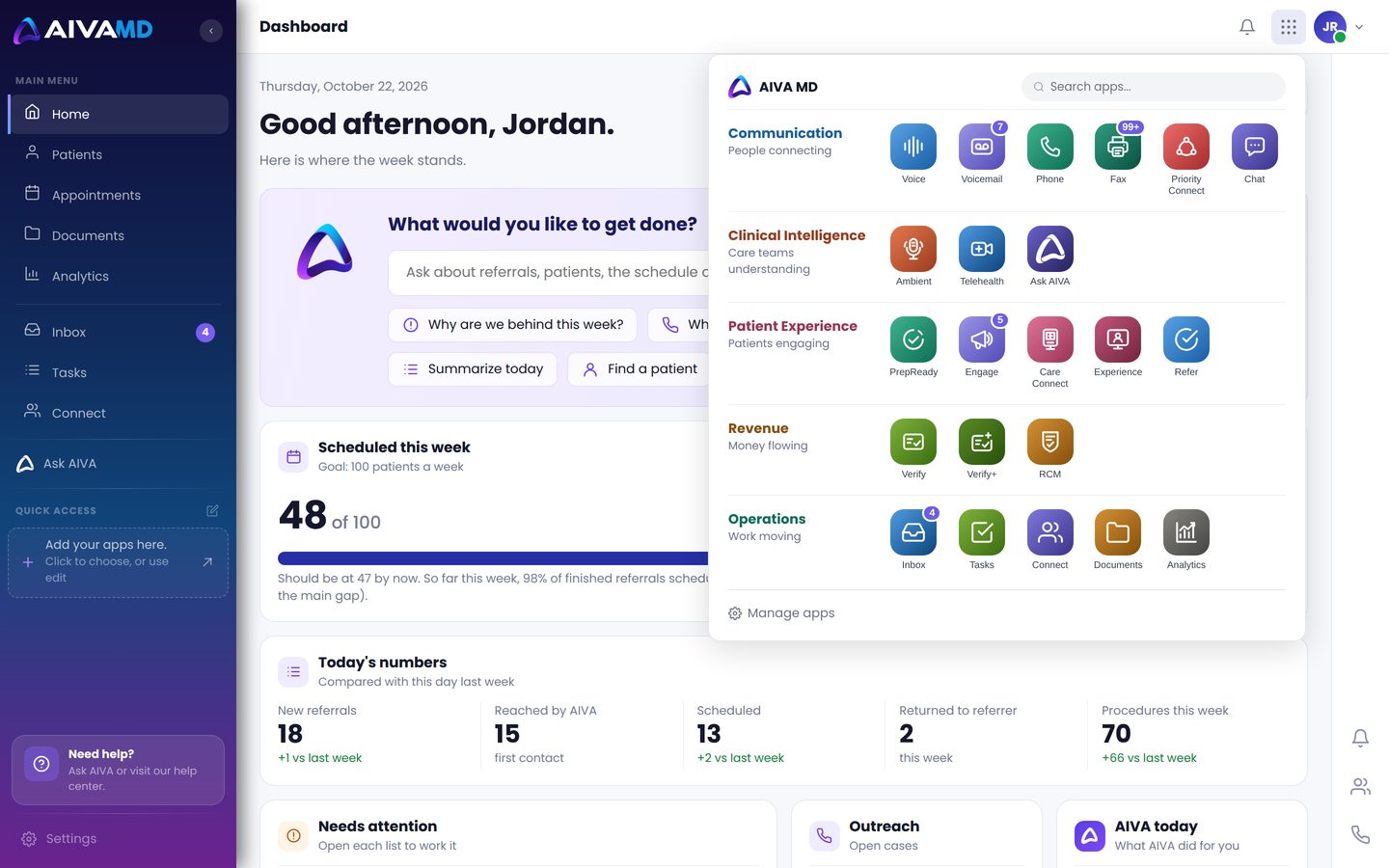 The AIVA app launcher with every app in its area