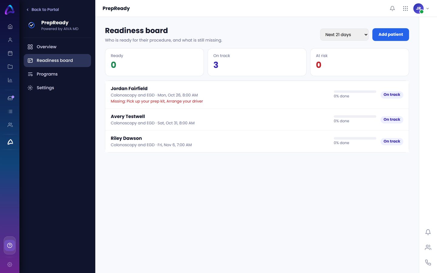 AIVA Readiness board screen