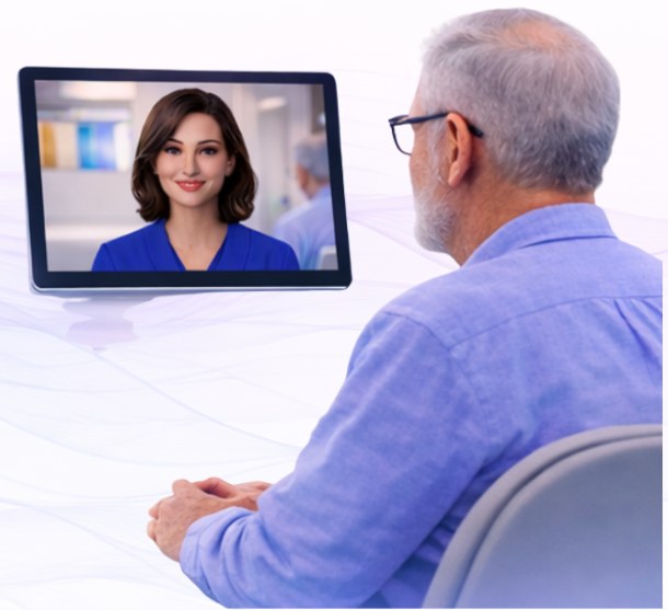 A patient talking with the AIVA Experience digital avatar on a screen